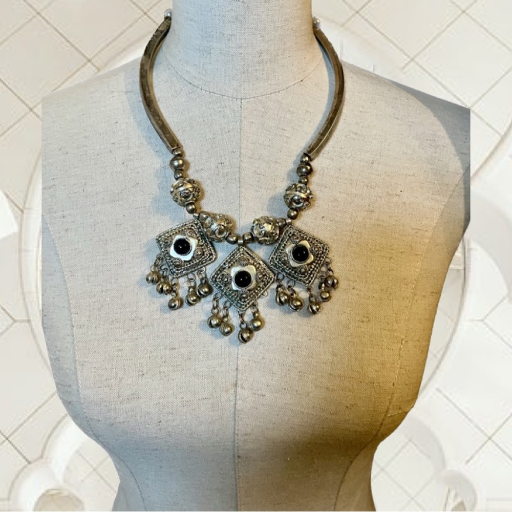 Vintage Oxidized Metal Cabochon Boho Statement Coachella Tribal Necklace